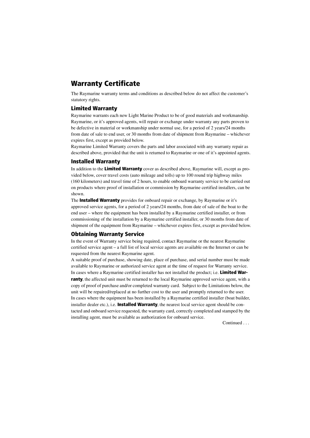 Raymarine 300 manual Warranty Certificate, Limited Warranty 