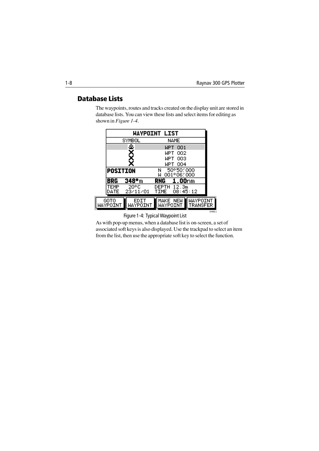 Raymarine 300 manual Database Lists, Waypoint List 