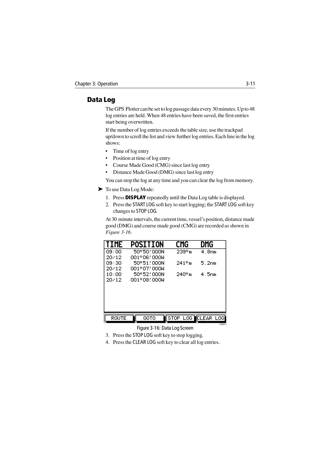 Raymarine 300 manual Cmg, Data Log 