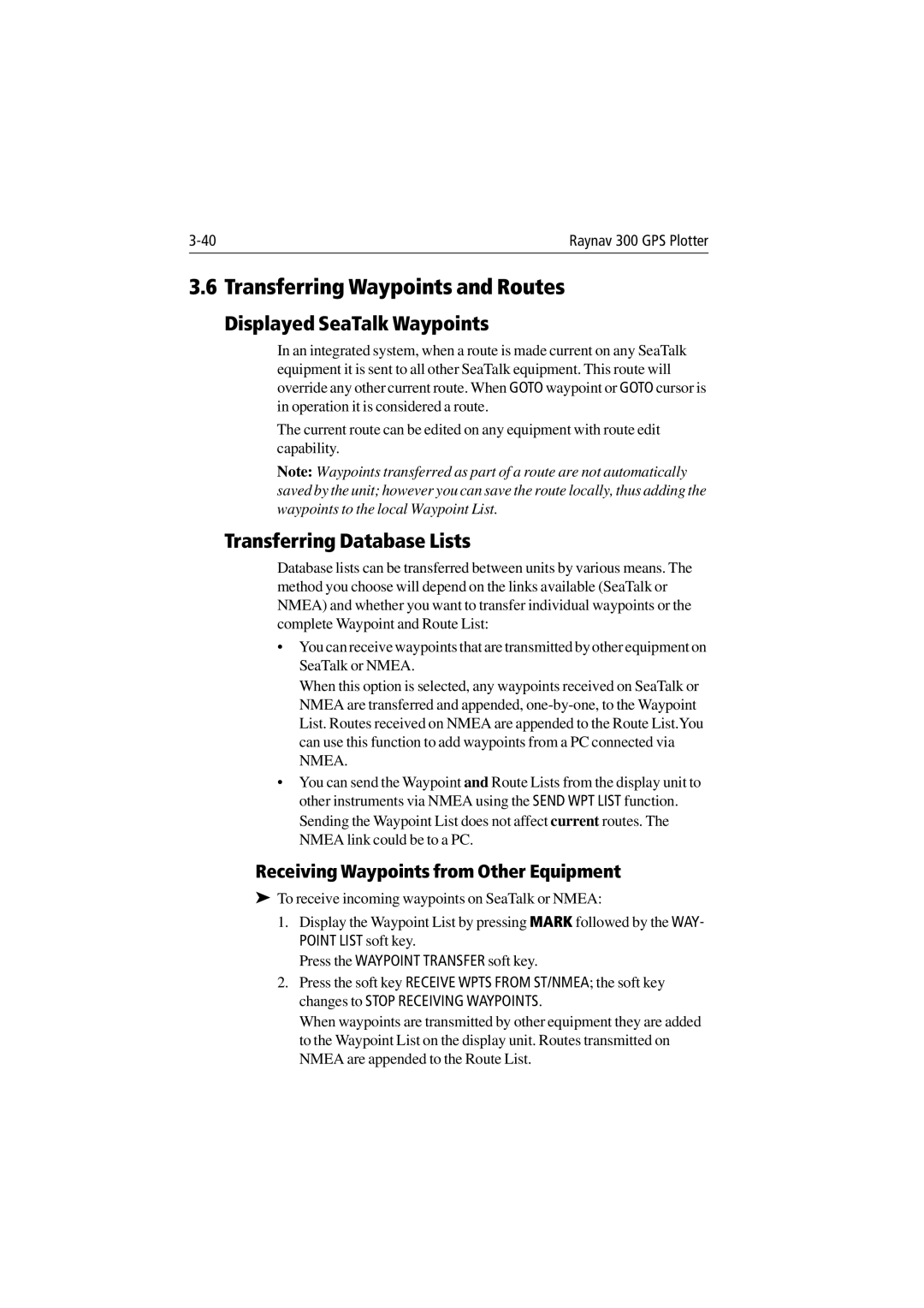 Raymarine 300 manual Transferring Waypoints and Routes, Displayed SeaTalk Waypoints, Transferring Database Lists 