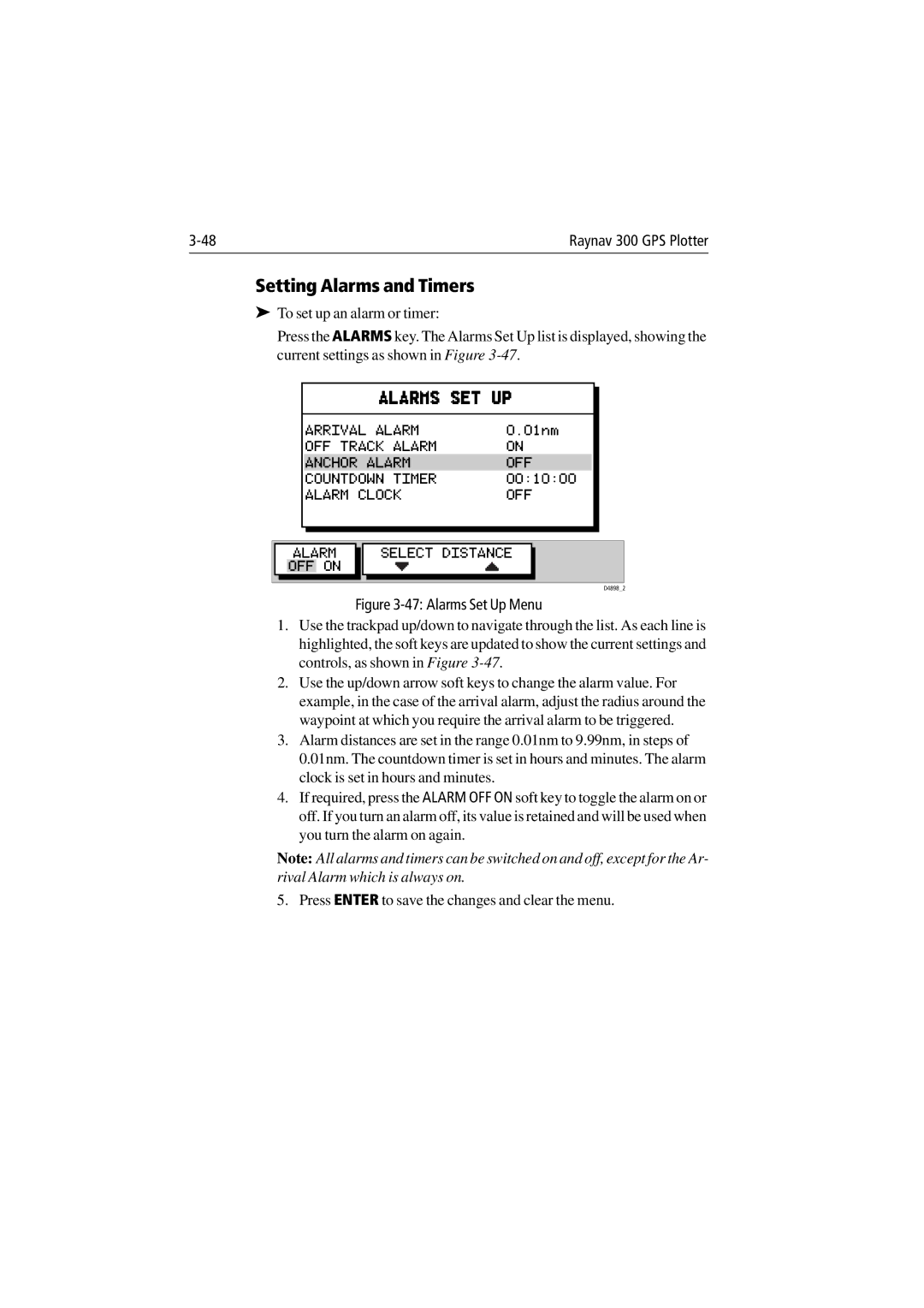 Raymarine 300 manual Setting Alarms and Timers, Alarms Set Up Menu 