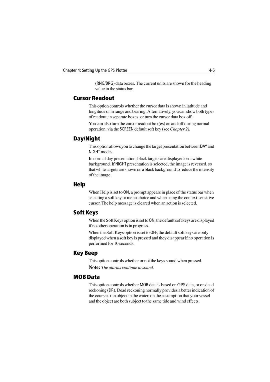 Raymarine 300 manual Cursor Readout, Day/Night, Help, Key Beep, MOB Data 