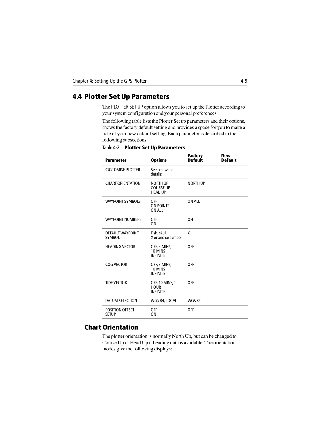 Raymarine 300 manual Plotter Set Up Parameters, Chart Orientation, Factory New Parameter Options Default 