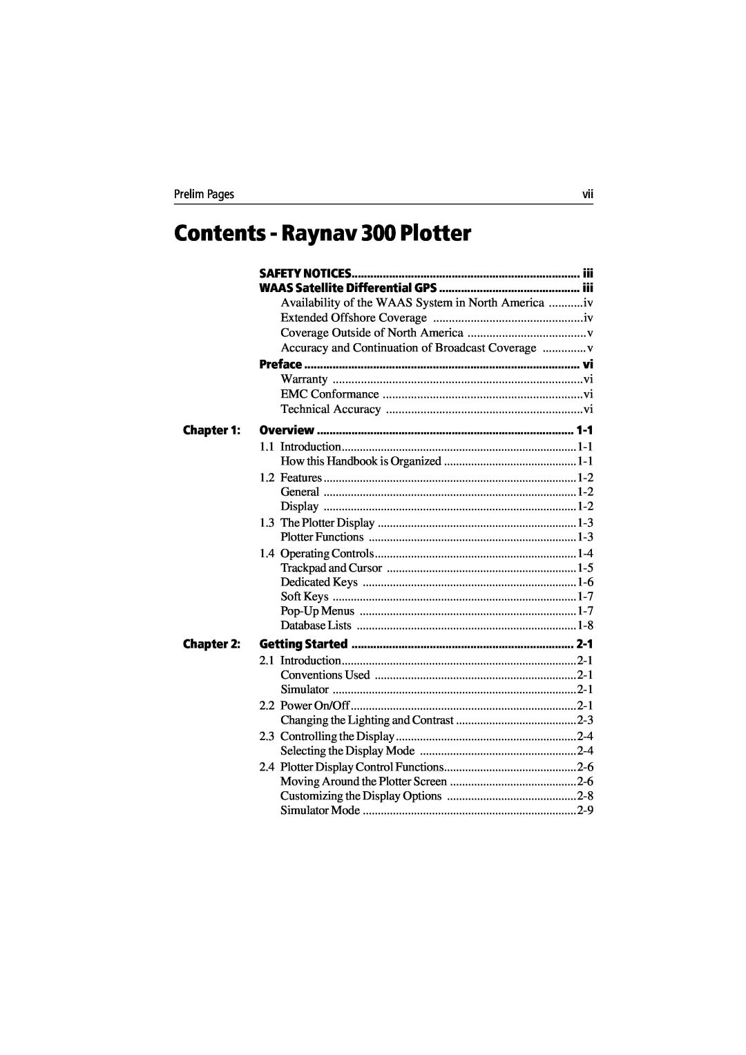 Raymarine Contents - Raynav 300 Plotter, Chapter, Safety Notices, WAAS Satellite Differential GPS, Preface, Overview 