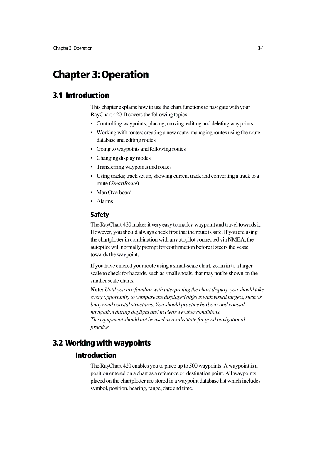 Raymarine 420D manual Operation, Working with waypoints, Introduction, Safety 