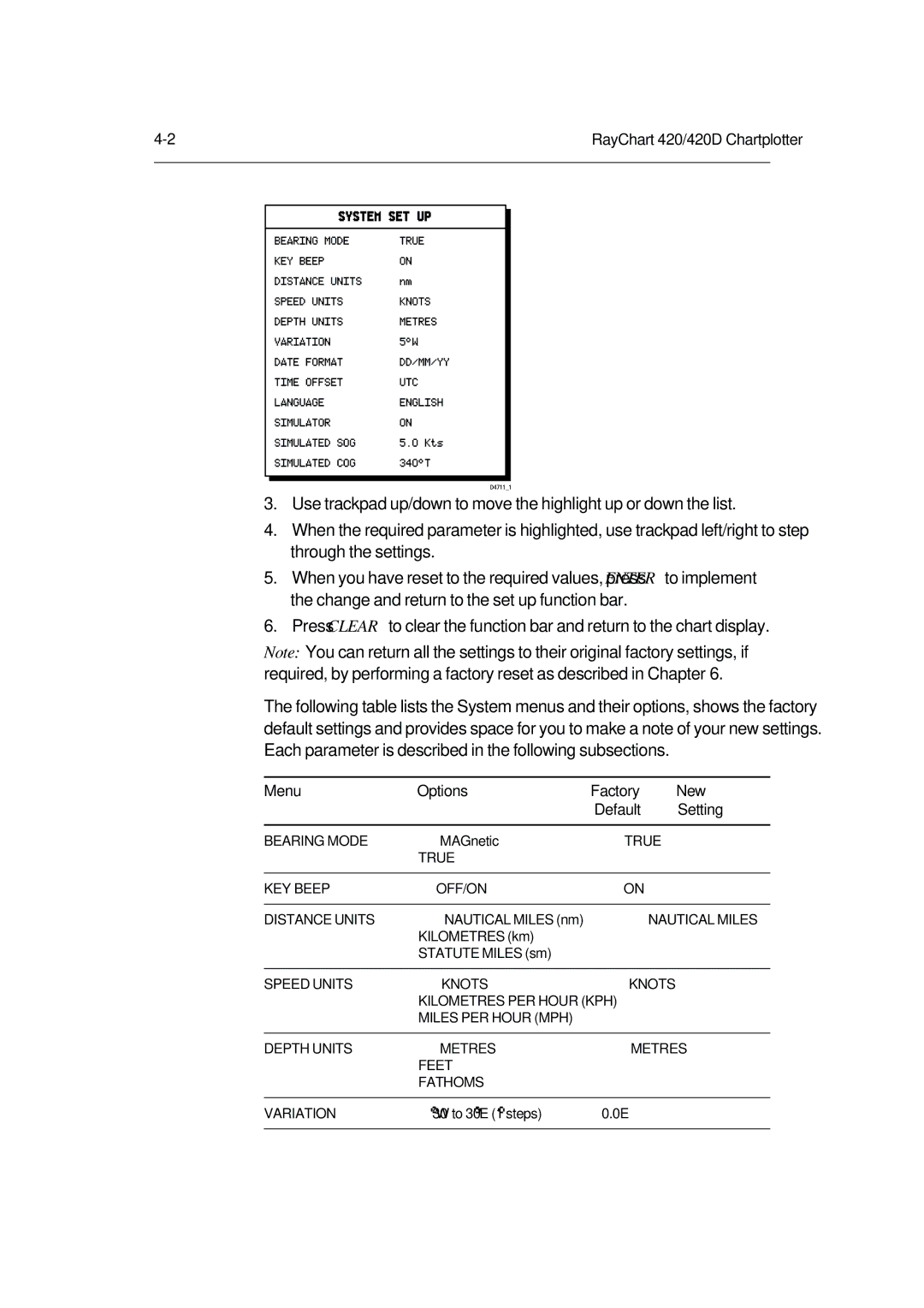 Raymarine 420D manual Menu Options Factory New Default Setting 