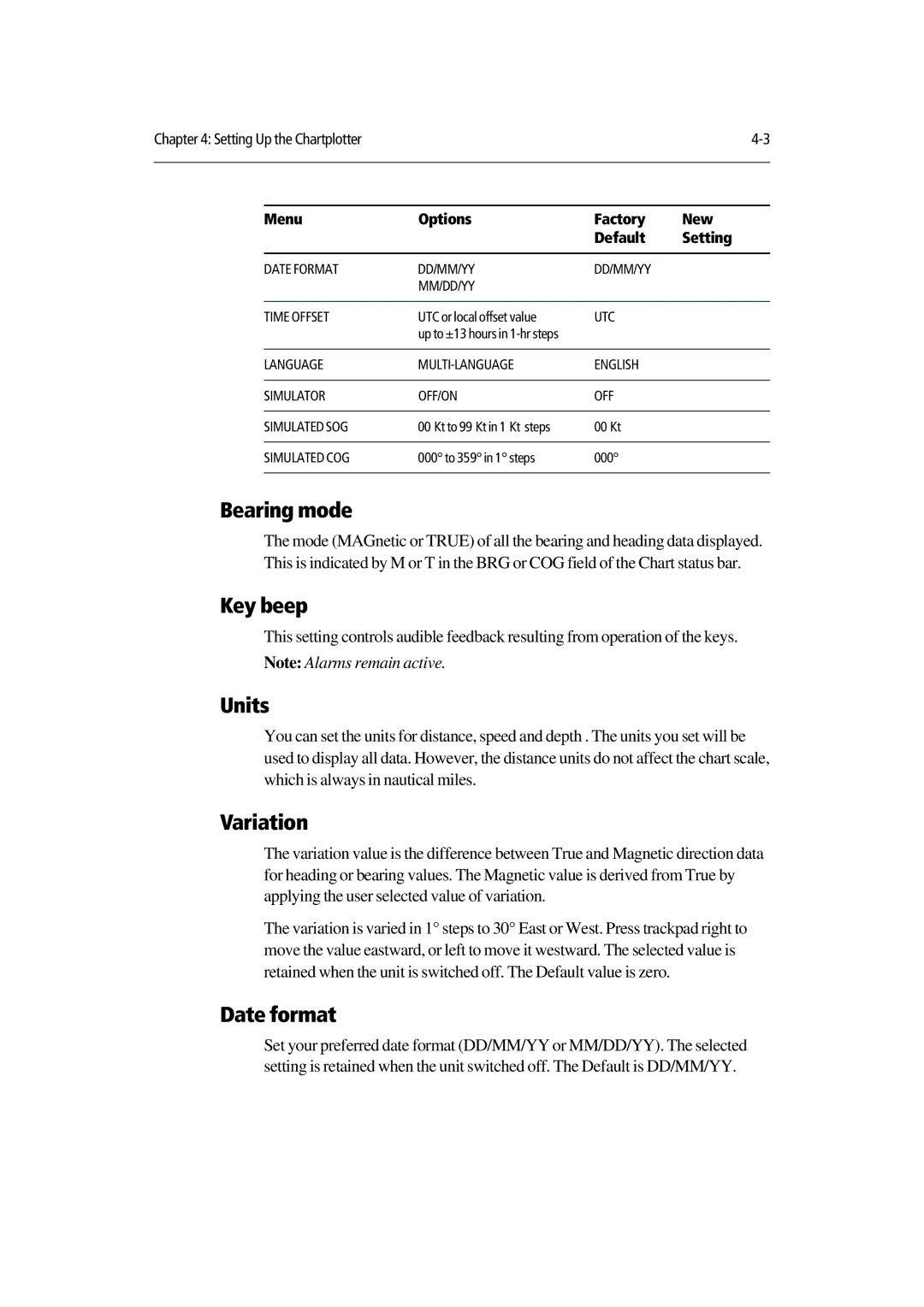 Raymarine 420D manual Bearing mode, Key beep, Units, Variation, Date format 