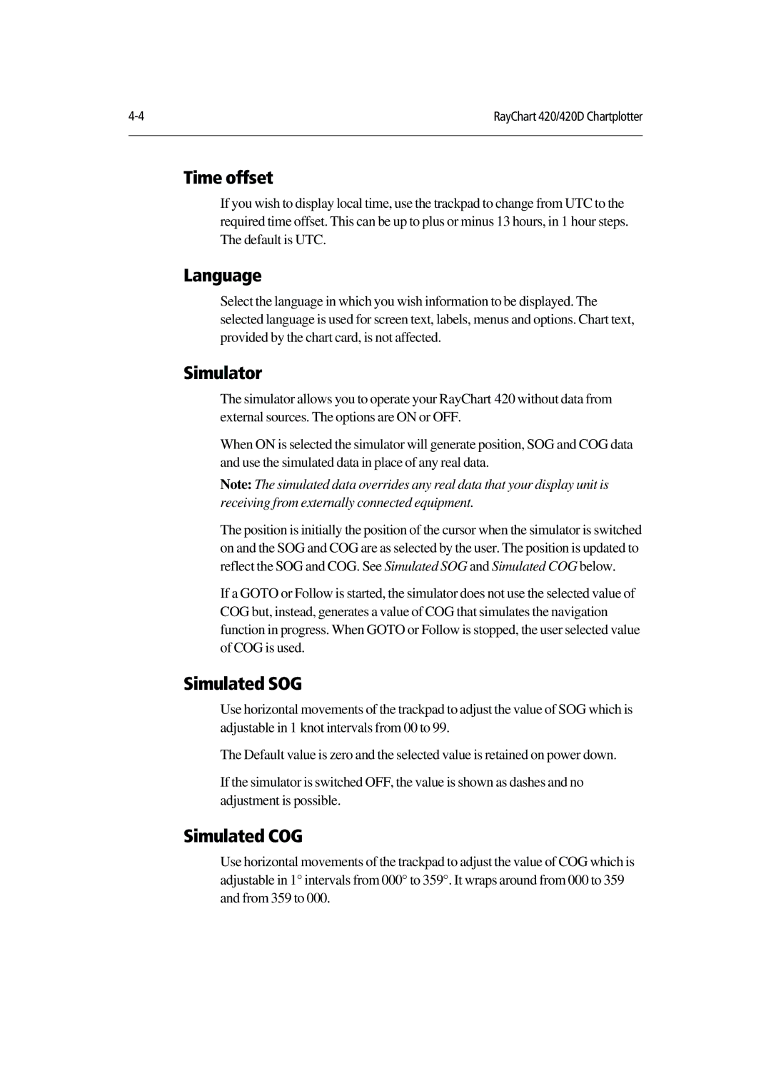 Raymarine 420D manual Time offset, Language, Simulated SOG, Simulated COG 