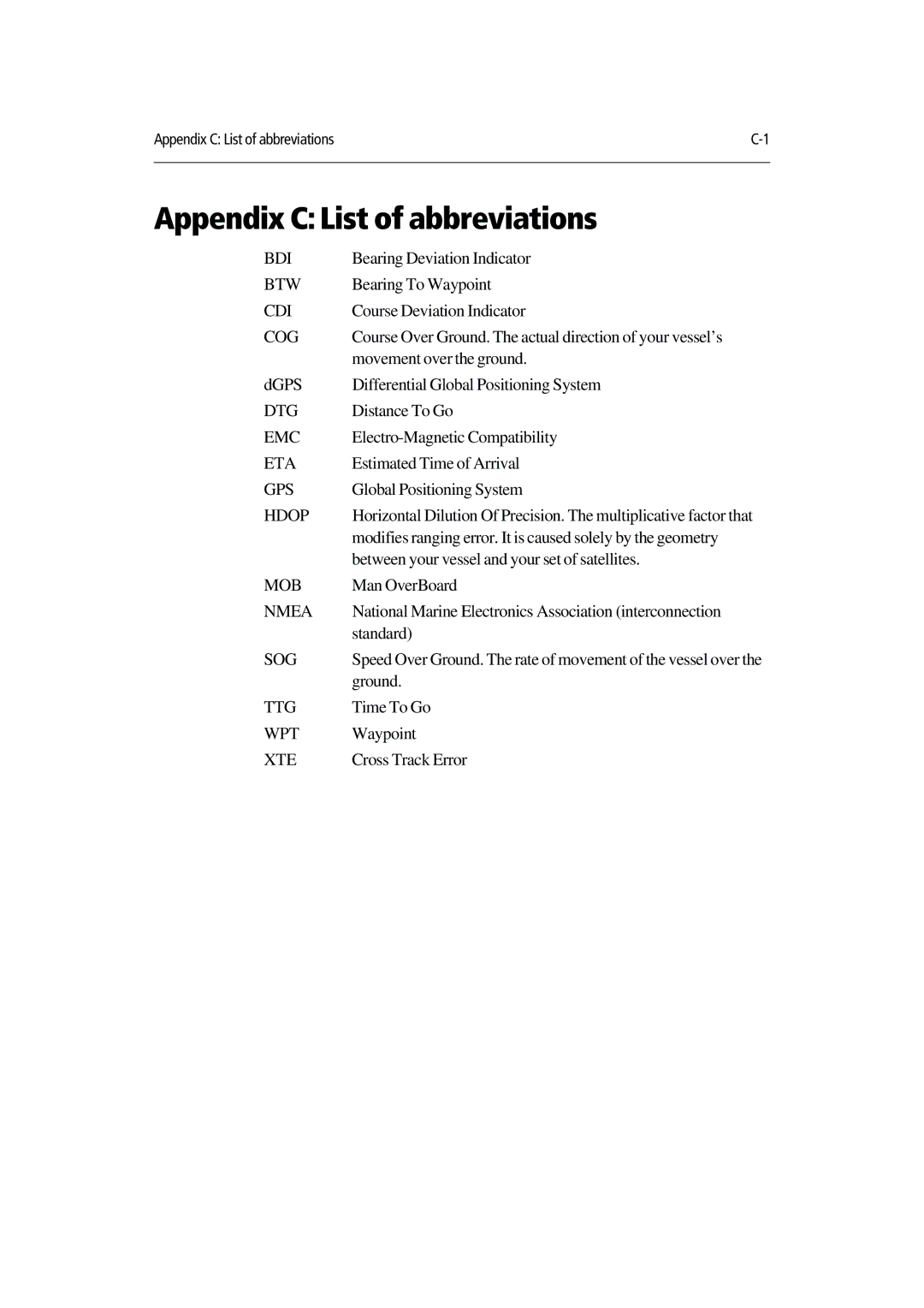 Raymarine 420D manual Appendix C List of abbreviations, Cog 