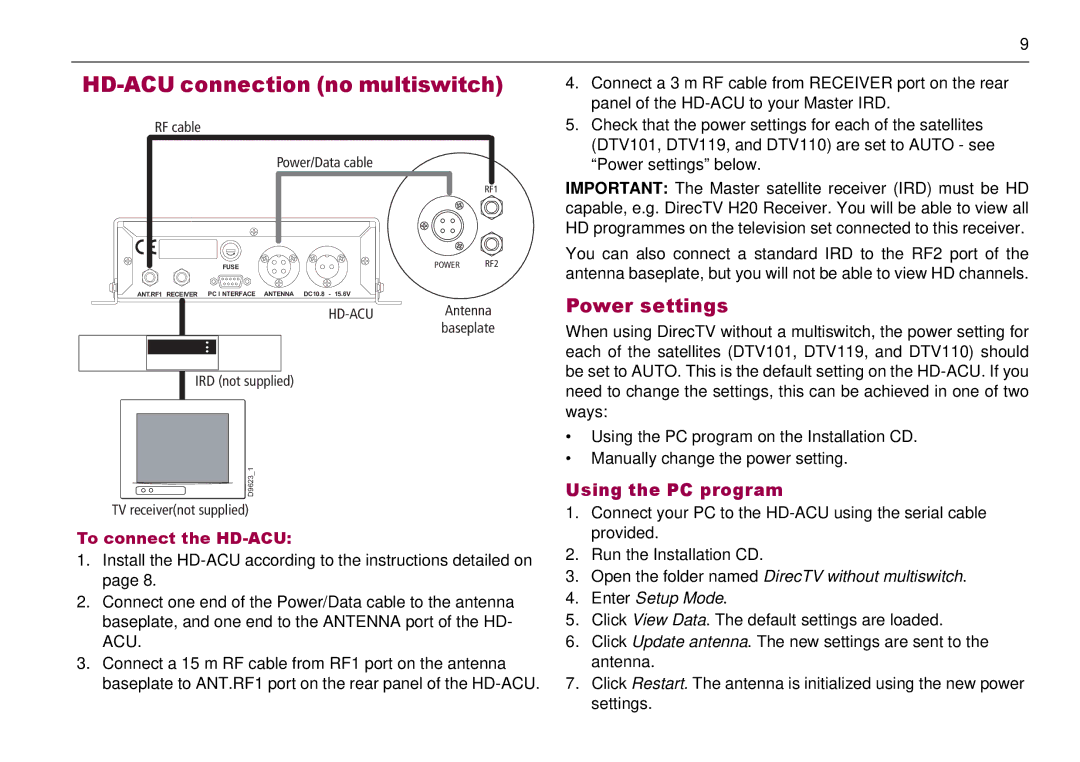 Raymarine 81285_1 manual HD-ACU connection no multiswitch, Power settings, To connect the HD-ACU 