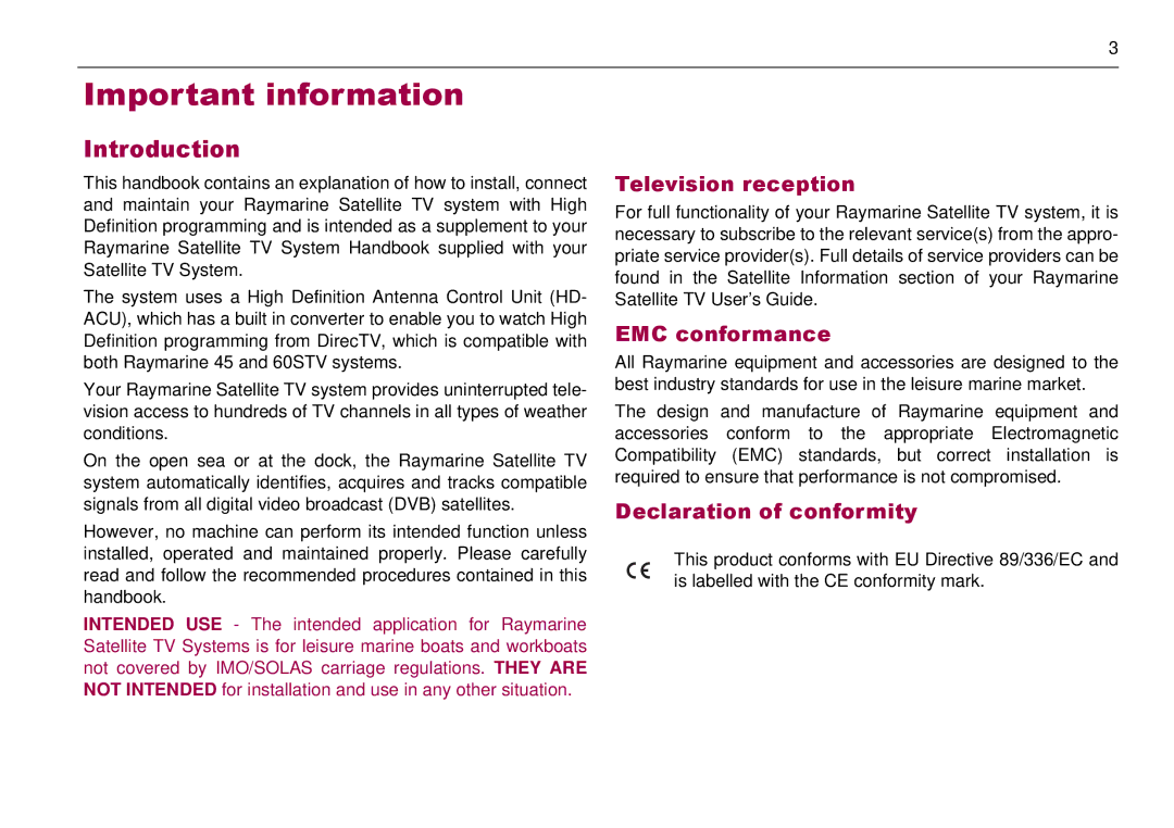 Raymarine 81285_1 manual Introduction, Television reception, EMC conformance, Declaration of conformity 