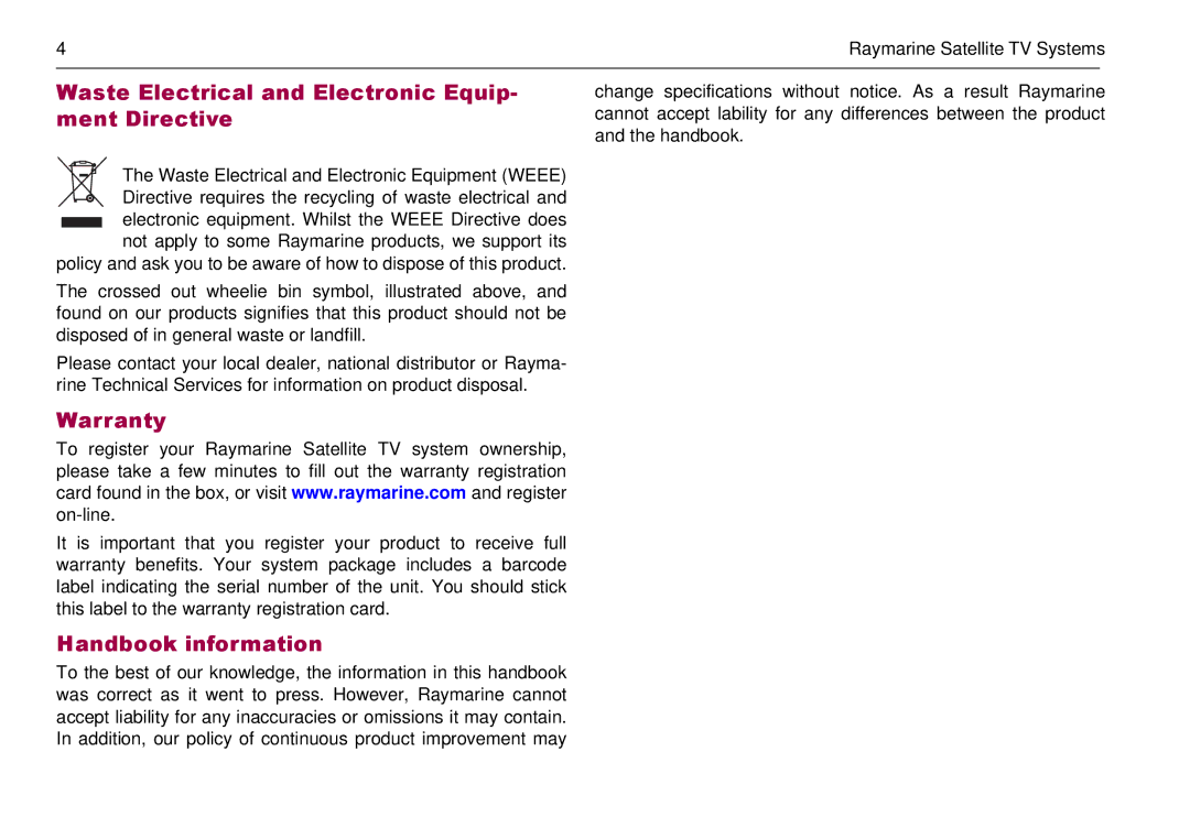 Raymarine 81285_1 manual Waste Electrical and Electronic Equip- ment Directive, Warranty, Handbook information 