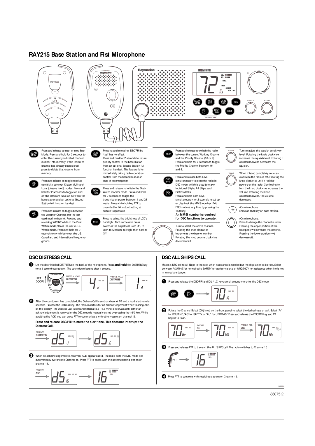 Raymarine 86075-2 manual DSC Distress Call, DSC ALL Ships Call, An Mmsi number is required, For DSC functions to operate 