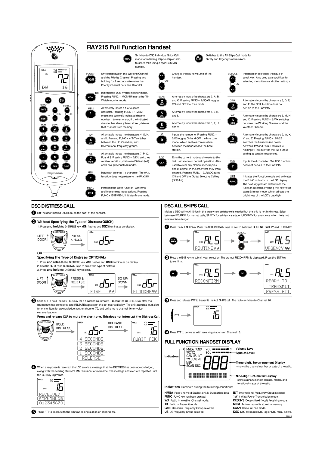 Raymarine 86075-2 manual Full Function Handset Display, Without Specifying the Type of Distress Quick 