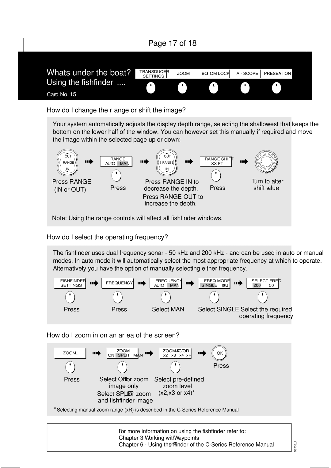 Raymarine C-Series manual Using the fishfinder, How do I change the range or shift the image? 