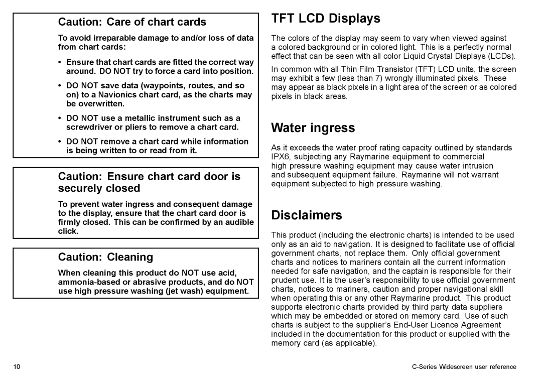 Raymarine C90w, C140w manual TFT LCD Displays, Water ingress, Disclaimers 
