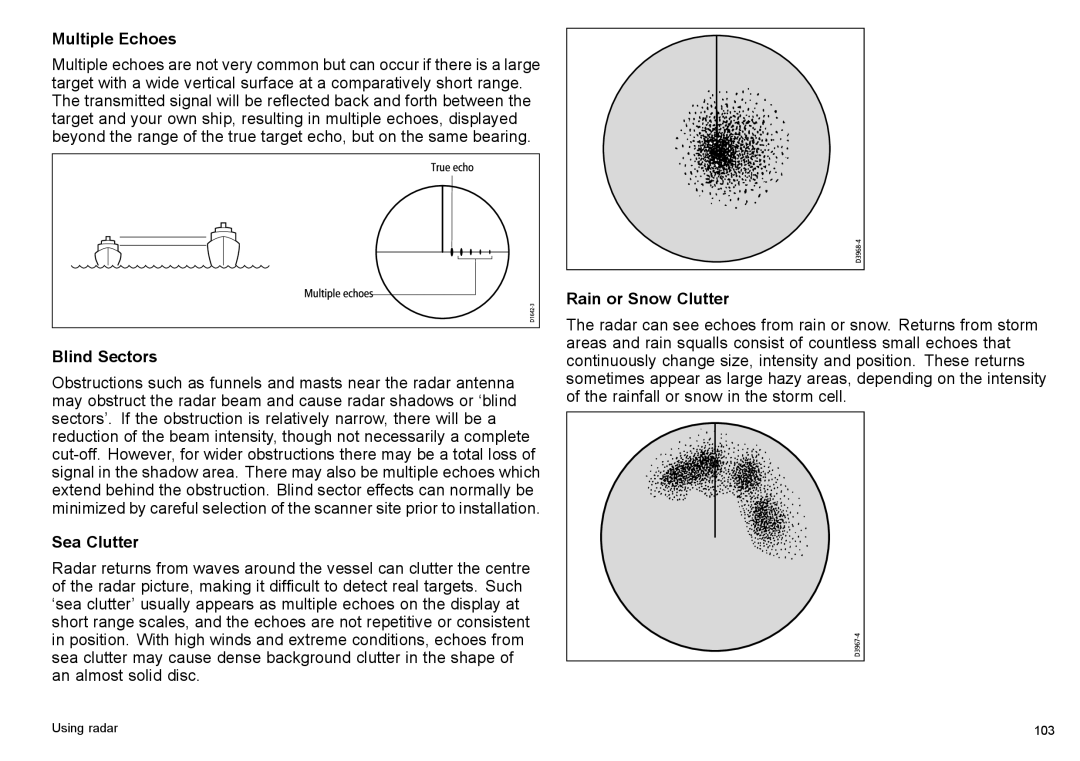 Raymarine C140w, C90w manual Multiple Echoes, Blind Sectors, Sea Clutter, Rain or Snow Clutter 
