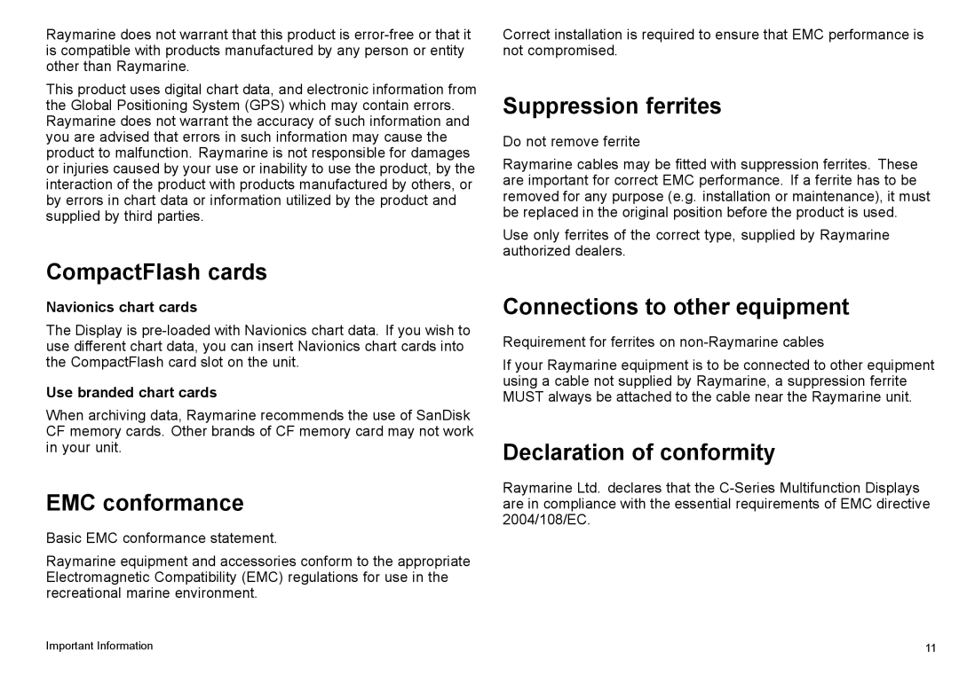 Raymarine C140w, C90w manual CompactFlash cards, EMC conformance, Suppression ferrites, Connections to other equipment 