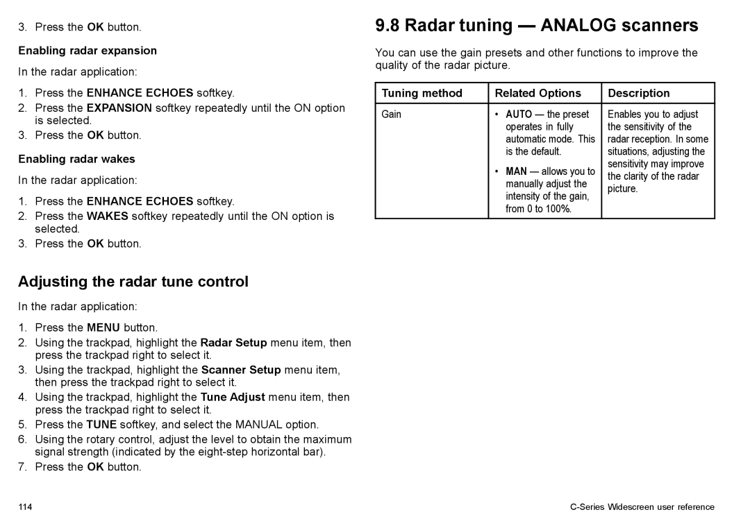 Raymarine C90w, C140w manual Radar tuning Analog scanners, Adjusting the radar tune control, Enabling radar expansion 