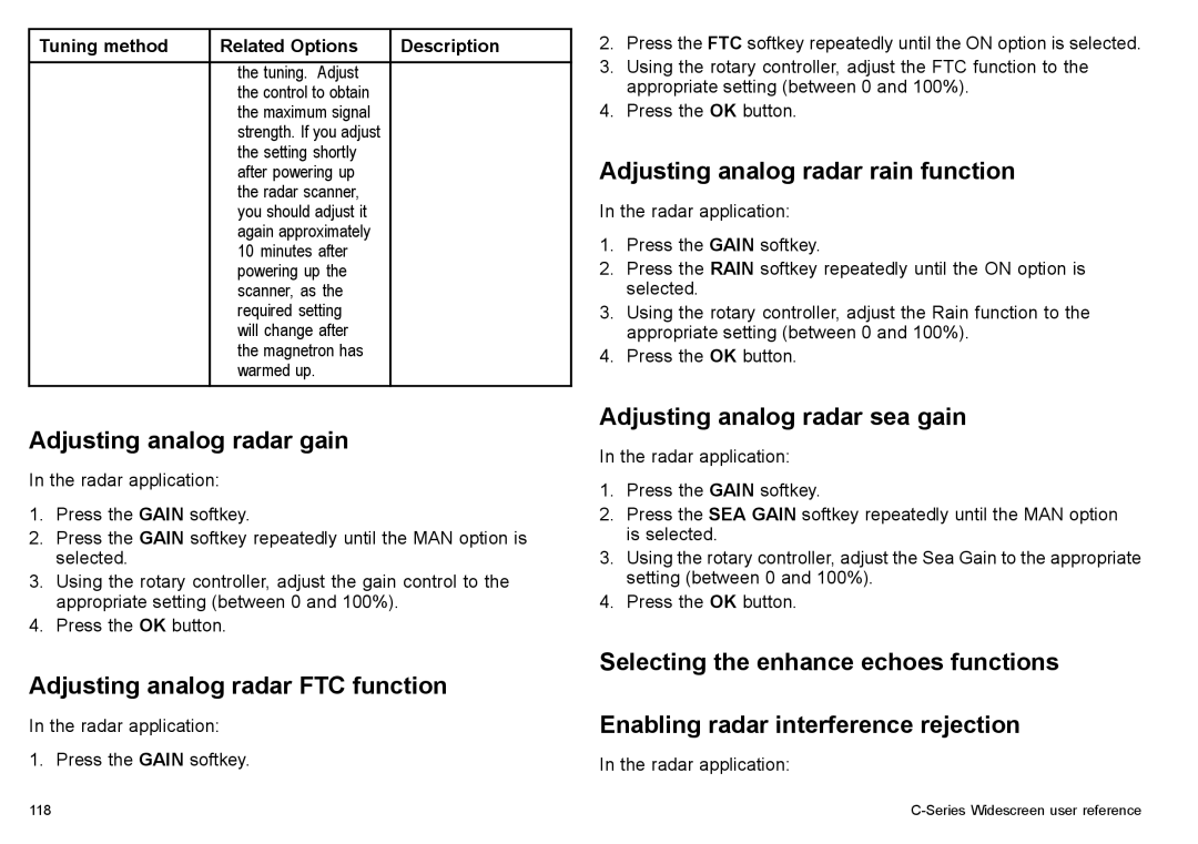 Raymarine C90w Adjusting analog radar gain, Adjusting analog radar FTC function, Adjusting analog radar rain function 