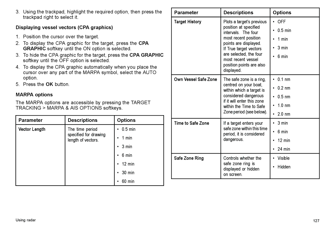 Raymarine C140w, C90w Displaying vessel vectors CPA graphics, Marpa options, Parameter Descriptions Options Vector Length 