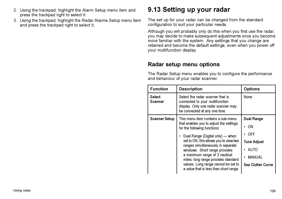 Raymarine C140w, C90w manual Setting up your radar, Radar setup menu options 