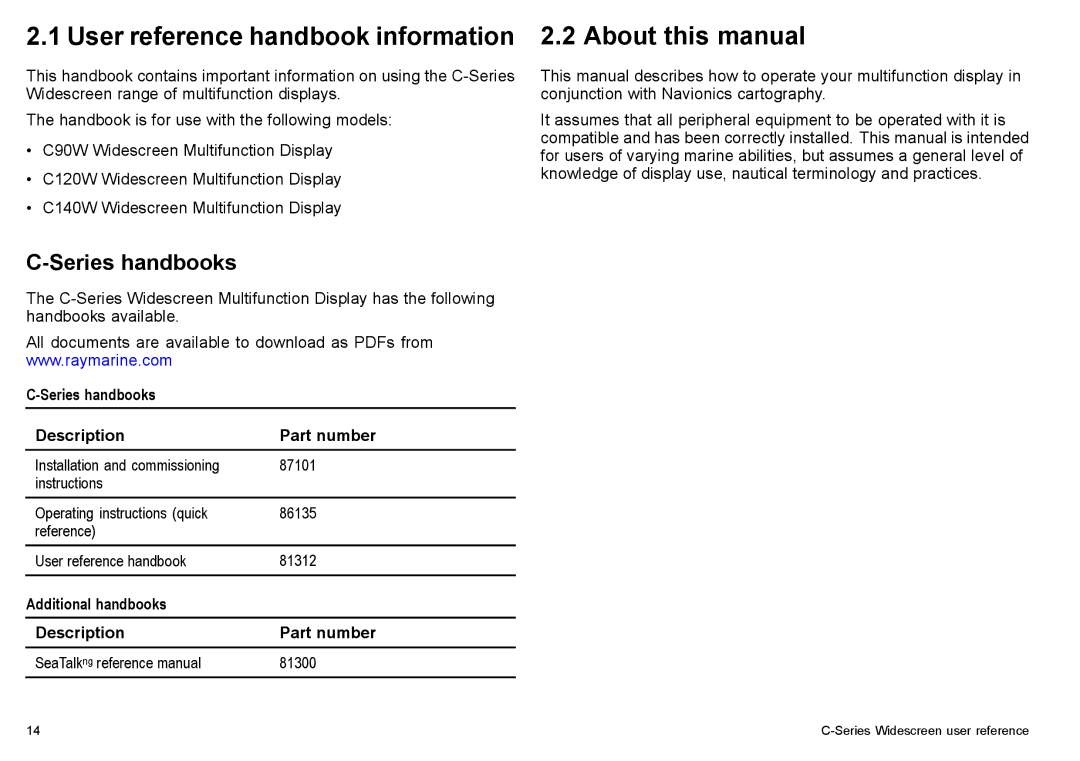 Raymarine C90w, C140w User reference handbook information 2.2 About this manual, Series handbooks 