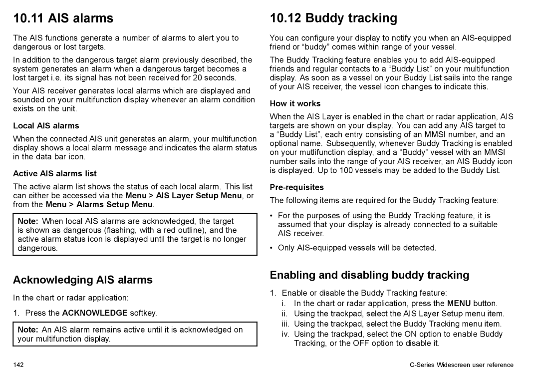 Raymarine C90w, C140w manual Buddy tracking, Acknowledging AIS alarms, Enabling and disabling buddy tracking 