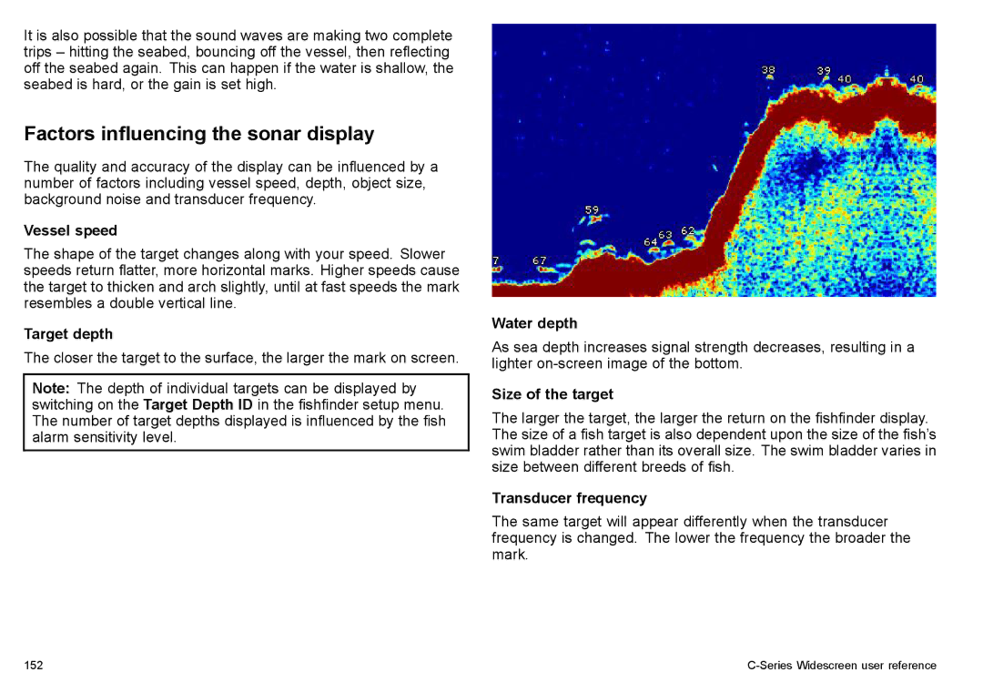 Raymarine C90w, C140w manual Factors influencing the sonar display 