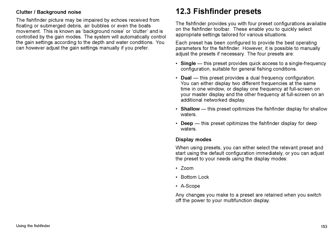 Raymarine C140w, C90w manual Fishfinder presets, Clutter / Background noise, Display modes 