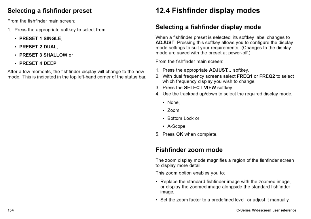 Raymarine C90w, C140w manual Fishfinder display modes, Selecting a fishfinder preset, Selecting a fishfinder display mode 