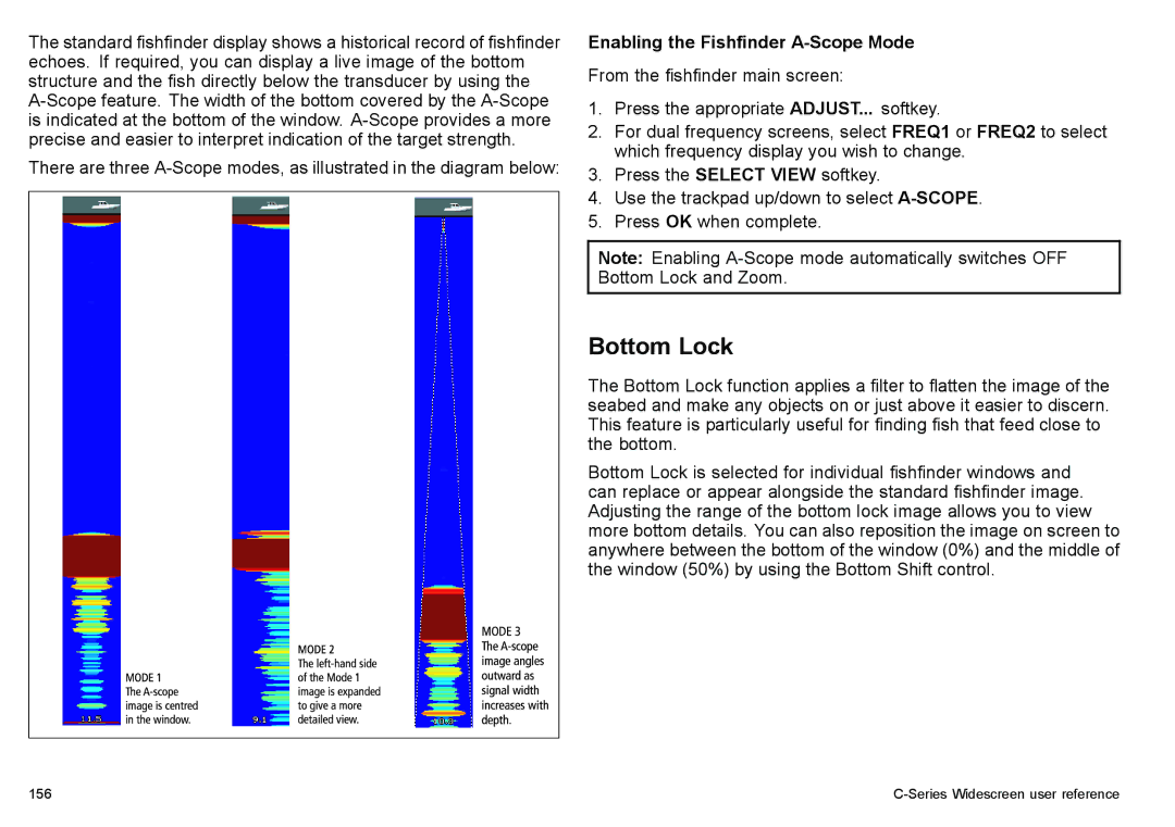 Raymarine C90w, C140w manual Bottom Lock, Enabling the Fishfinder A-Scope Mode 