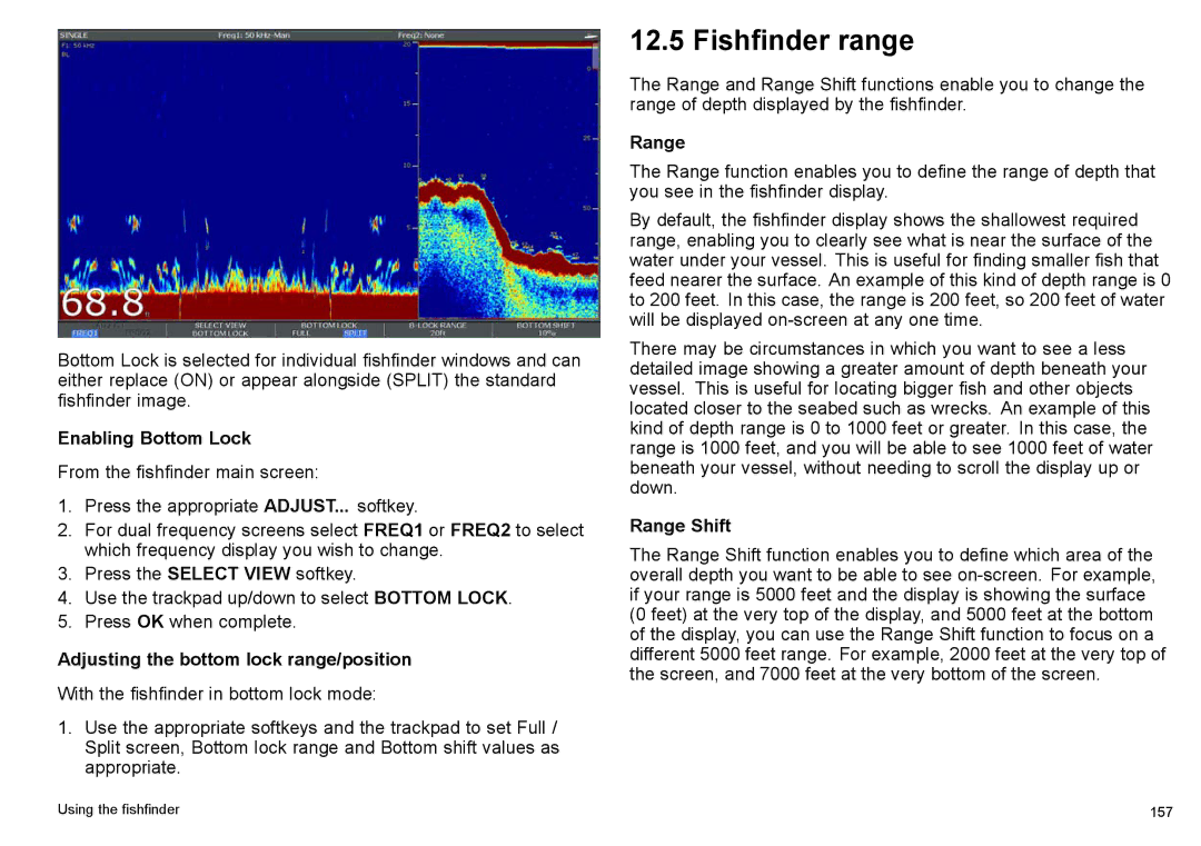 Raymarine C140w, C90w Fishfinder range, Enabling Bottom Lock, Adjusting the bottom lock range/position, Range Shift 