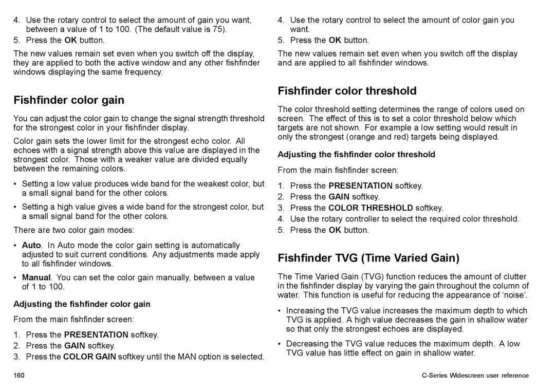 Raymarine C90w, C140w manual Fishfinder color gain, Fishfinder color threshold, Fishfinder TVG Time Varied Gain 