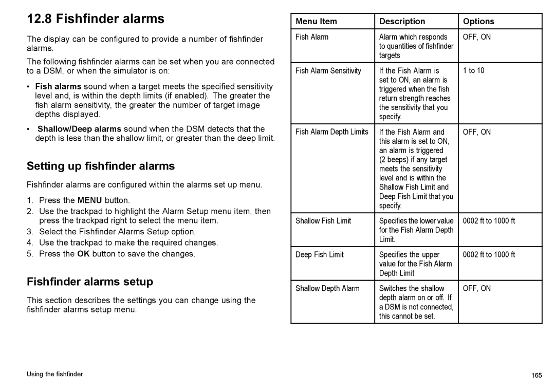 Raymarine C140w, C90w manual Setting up fishfinder alarms, Fishfinder alarms setup 