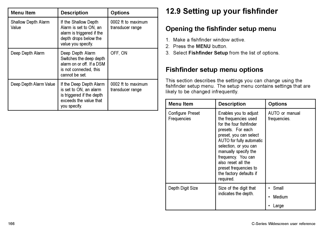 Raymarine C90w, C140w manual Setting up your fishfinder, Opening the fishfinder setup menu, Fishfinder setup menu options 