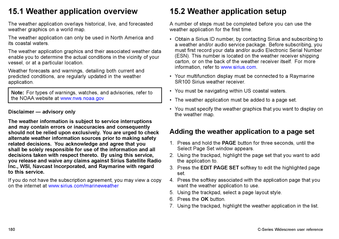 Raymarine C90w manual Weather application overview, Weather application setup, Adding the weather application to a page set 