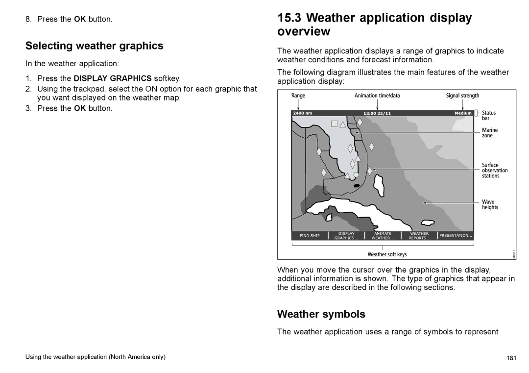 Raymarine C140w, C90w manual Weather application display overview, Selecting weather graphics, Weather symbols 