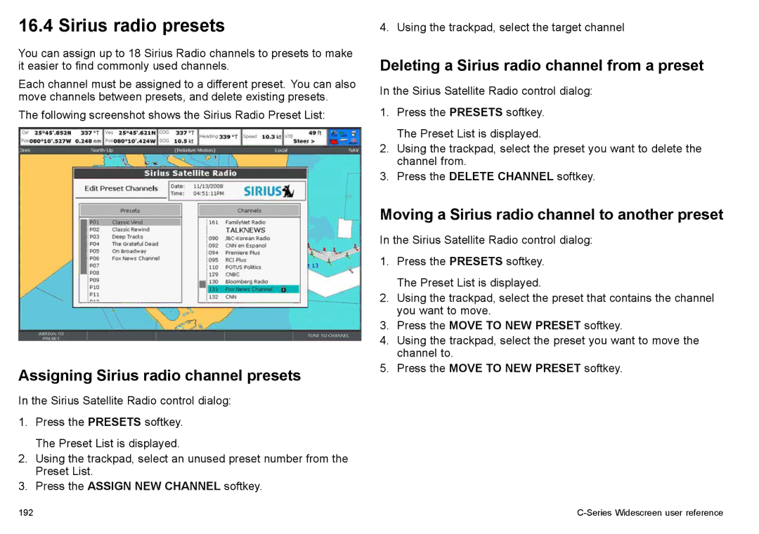 Raymarine C90w Sirius radio presets, Assigning Sirius radio channel presets, Deleting a Sirius radio channel from a preset 