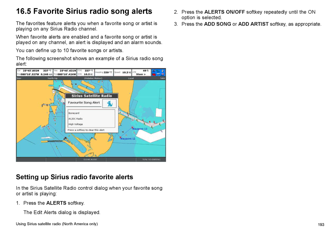 Raymarine C140w, C90w manual Favorite Sirius radio song alerts, Setting up Sirius radio favorite alerts 