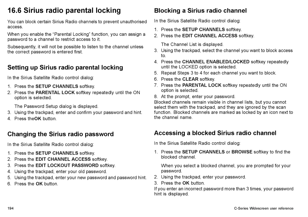 Raymarine C90w, C140w manual Setting up Sirius radio parental locking, Blocking a Sirius radio channel 