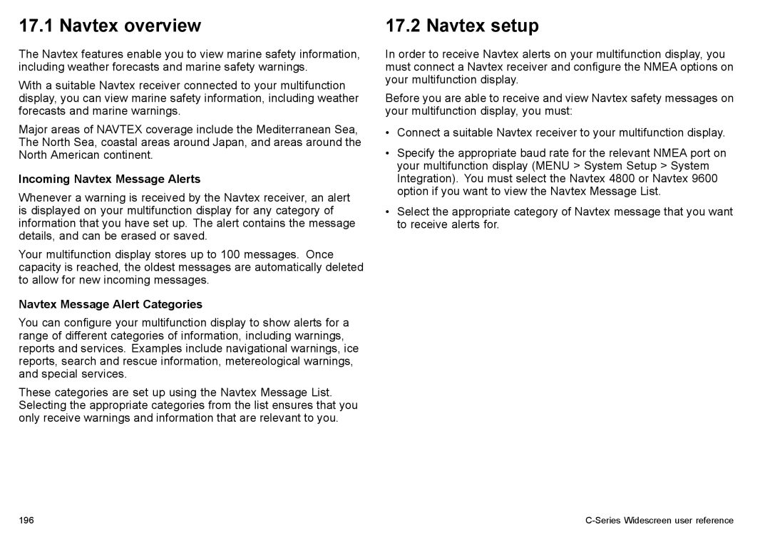 Raymarine C90w, C140w manual Navtex overview, Navtex setup, Incoming Navtex Message Alerts, Navtex Message Alert Categories 