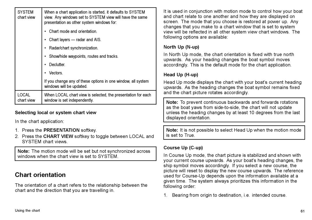 Raymarine C140w, C90w Chart orientation, Selecting local or system chart view, North Up N-up, Head Up H-up, Course Up C-up 