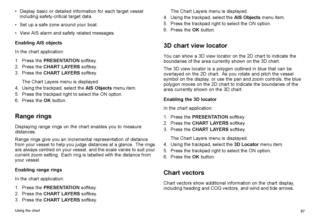 Raymarine C140w, C90w manual Range rings, 3D chart view locator, Chart vectors 