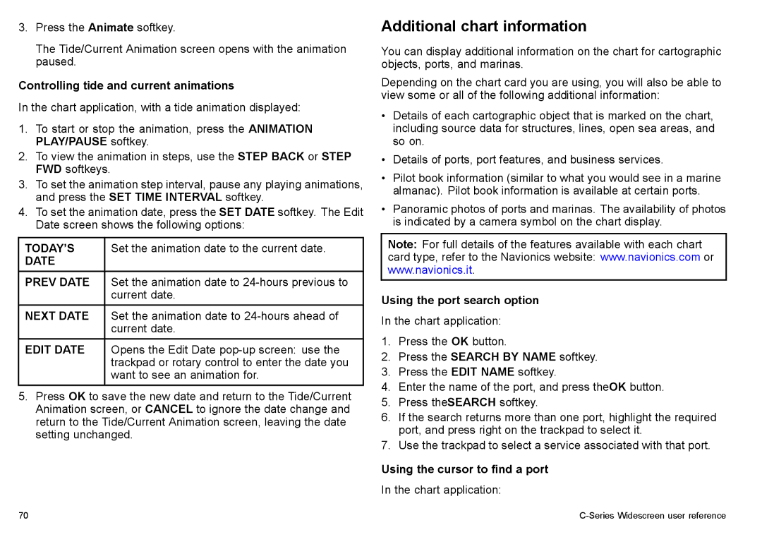 Raymarine C90w, C140w Additional chart information, Controlling tide and current animations, Using the port search option 