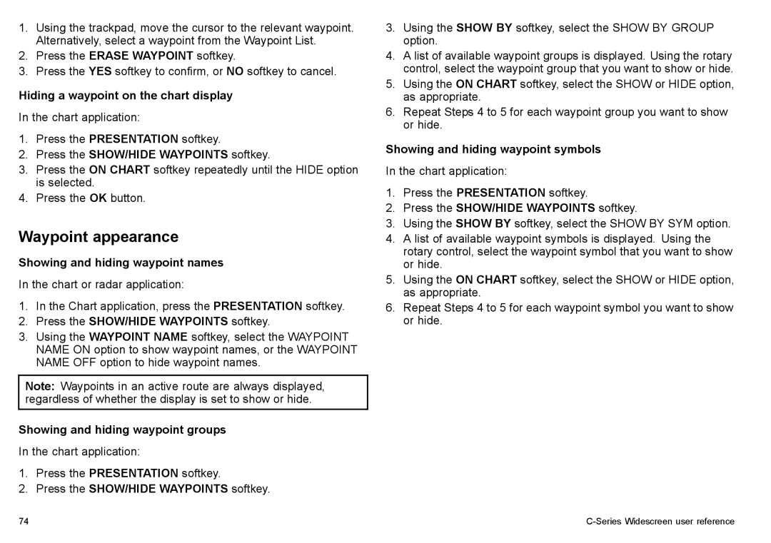Raymarine C90w, C140w manual Waypoint appearance, Hiding a waypoint on the chart display, Showing and hiding waypoint names 