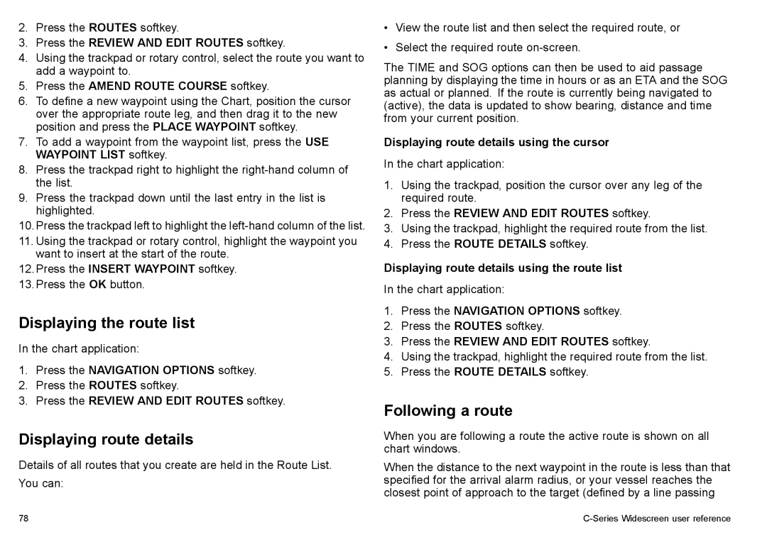Raymarine C90w, C140w manual Displaying the route list, Displaying route details, Following a route 