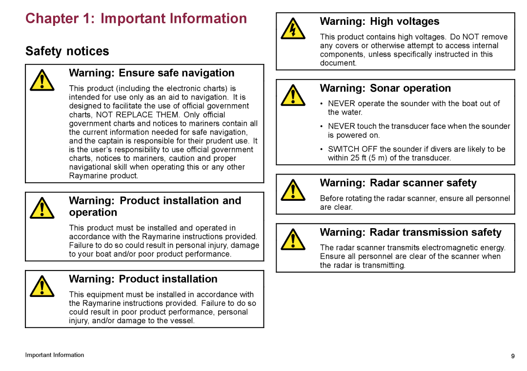 Raymarine C140w, C90w manual Important Information, Safety notices 