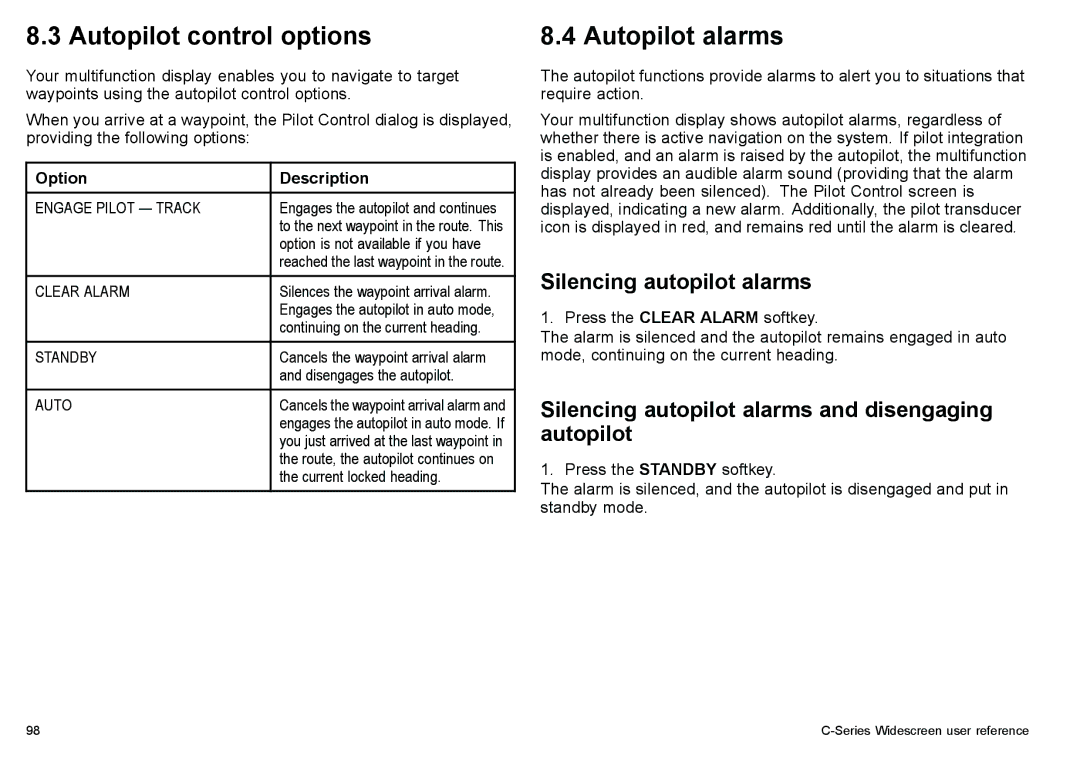 Raymarine C90w, C140w manual Autopilot control options, Autopilot alarms, Silencing autopilot alarms, Option Description 