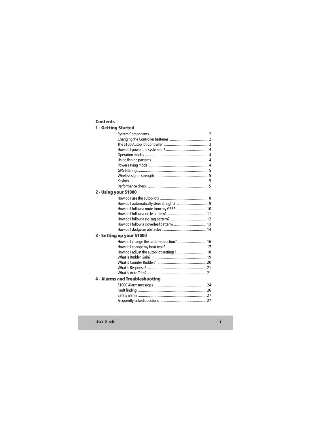 Raymarine D7637-1 manual Contents Getting Started, Using your S1000, Setting up your S1000, Alarms and Troubleshooting 